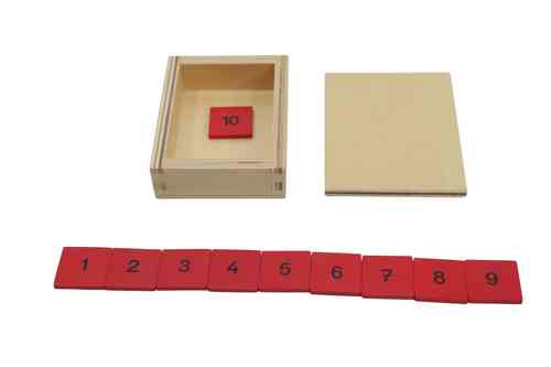 Kleine Zahlenchips, 1-10, rot, im Holzkästchen