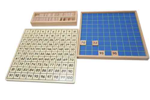 Hunderterbrett mit Zahlenplättchen und Kontrollkarte aus Holz